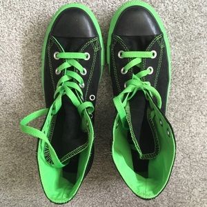 bright green and black converse high top sneakers